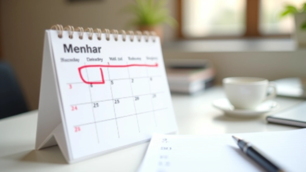 Kalender mit markiertem Datum für Finanzamt-Mitteilung, Kaffee und Notizen auf Schreibtisch, entspannte Atmosphäre