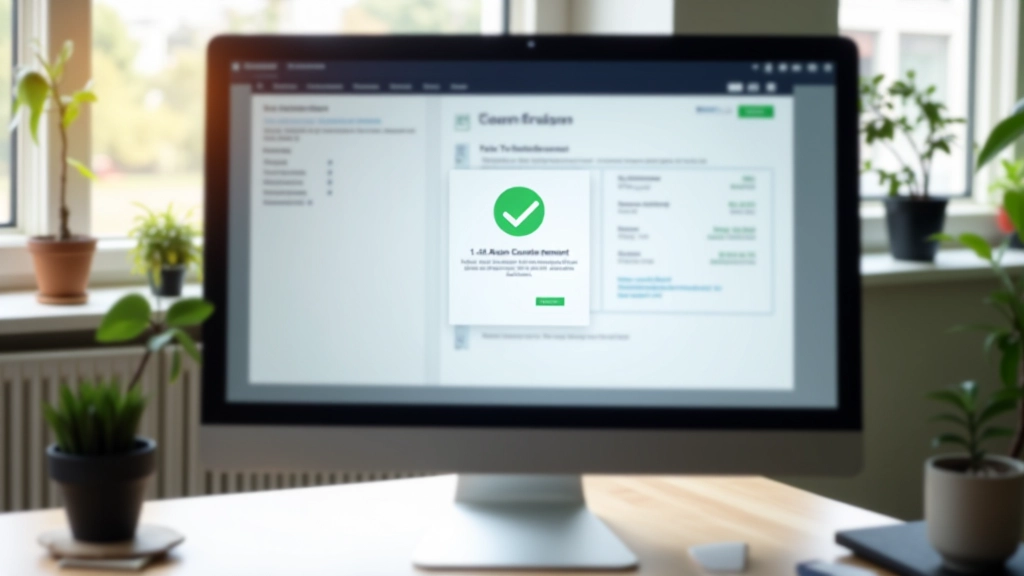 ELSTER-Portal Zusammenfassungsbildschirm mit grünem Bestätigungshaken und Eingangsnummer, Desktop-Monitor mit Tastatur im Hintergrund