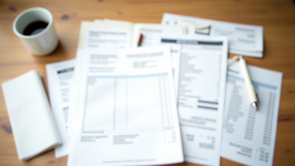 Quittungen und Rechnungen auf Schreibtisch arrangiert, Finanzunterlagen organisiert