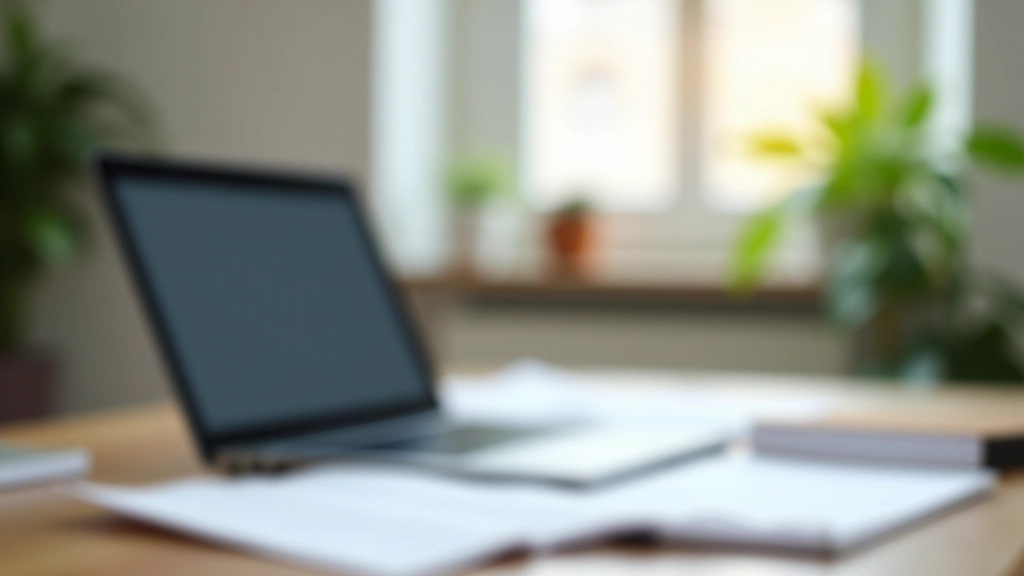 Aufgeräumter Schreibtisch mit Laptop, Notizbuch und Stift, helles Bürozimmer, Fenster mit Tageslicht