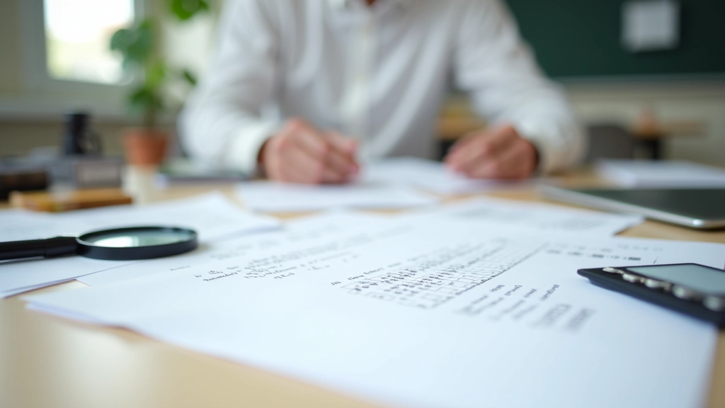 Schreibtisch mit Steuerbescheiden, Lupe und Kalender, organisierter Arbeitsplatz, detailreiche Aufnahme