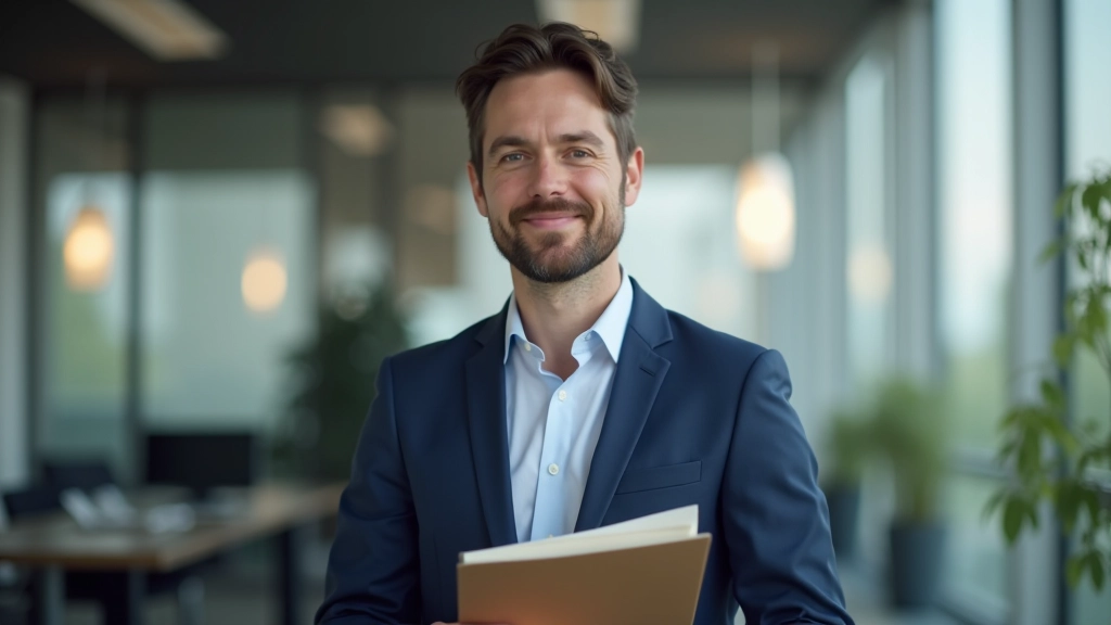 Person mit Mappe im Finanzamt-Büro, Beratungssituation