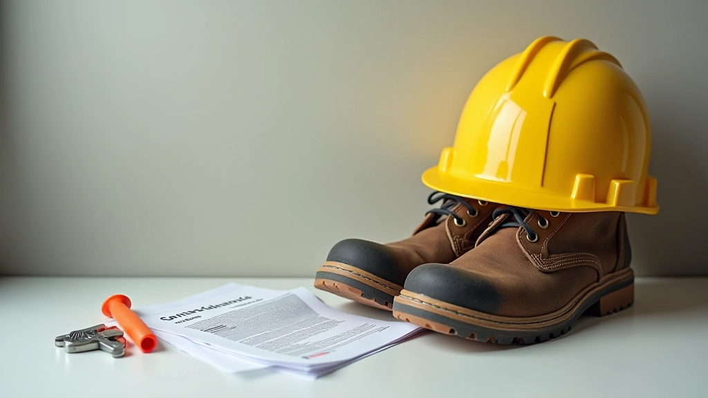 Arbeitsschuhe und Sicherheitsausrüstung auf grauem Untergrund, Handschuhe und Helm, professionelle Arbeitsausrüstung, helles Licht