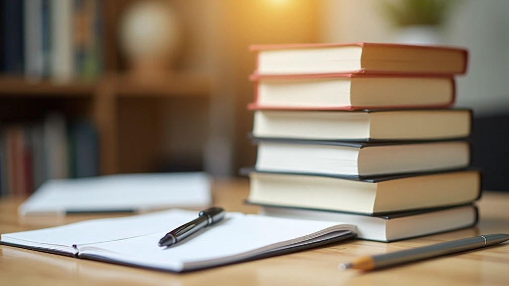 Stapel von Fachbüchern auf Holztisch, Notizbuch und Stift daneben, helles natürliches Licht, klare Details